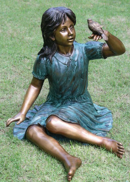 Robin Girl With Bird Bronze Sculpture bird on Hand Statuary